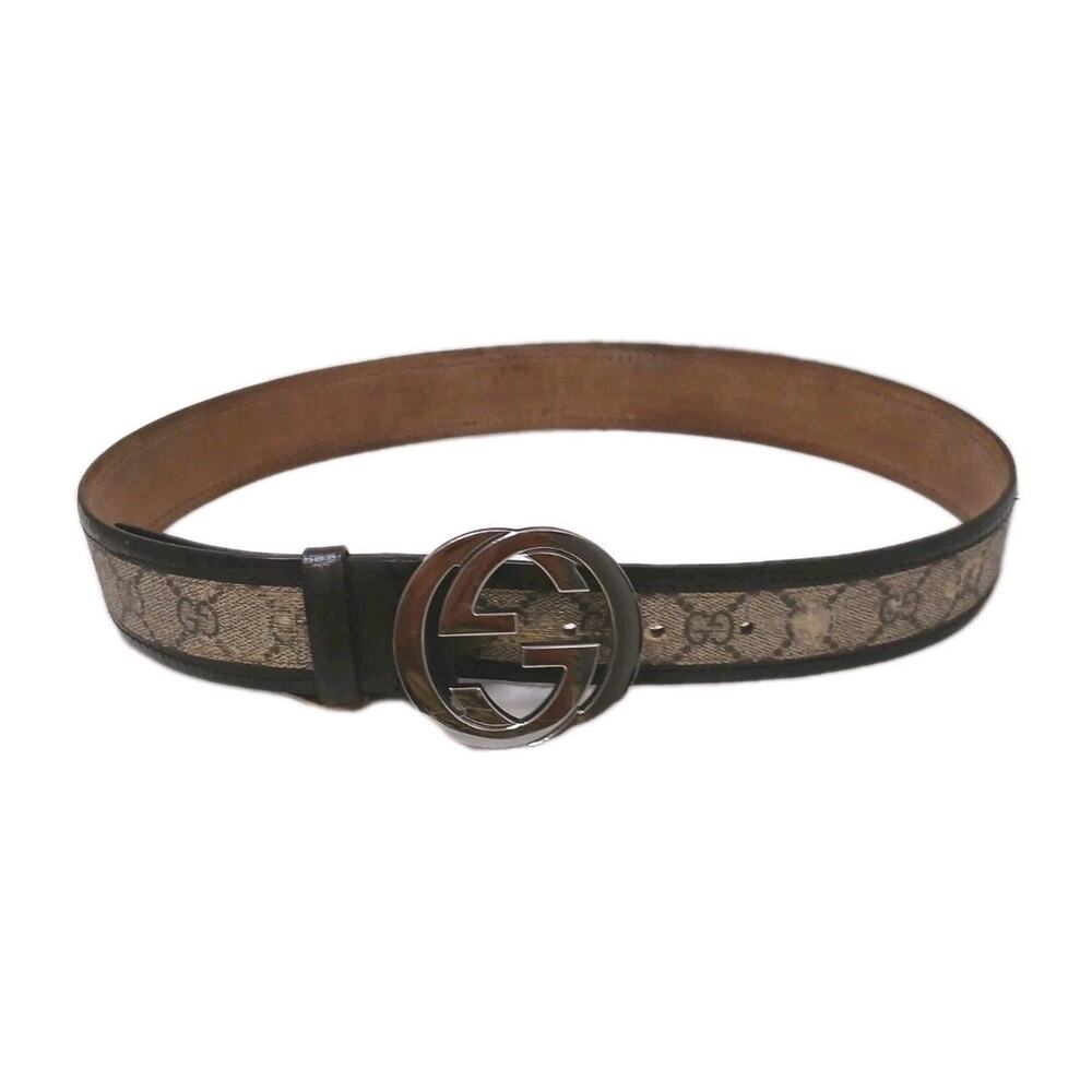 GUCCI‎ Belt Small 38" Tan Monogram Brown Leather Silver GG Buckle Old Retro Glam